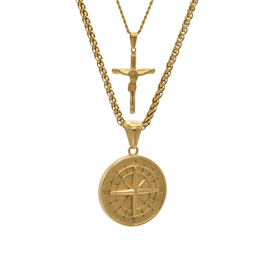 Crucifix & Compass Set - Gold