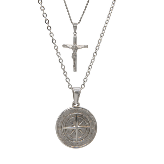 Crucifix & Compass Set - Silver