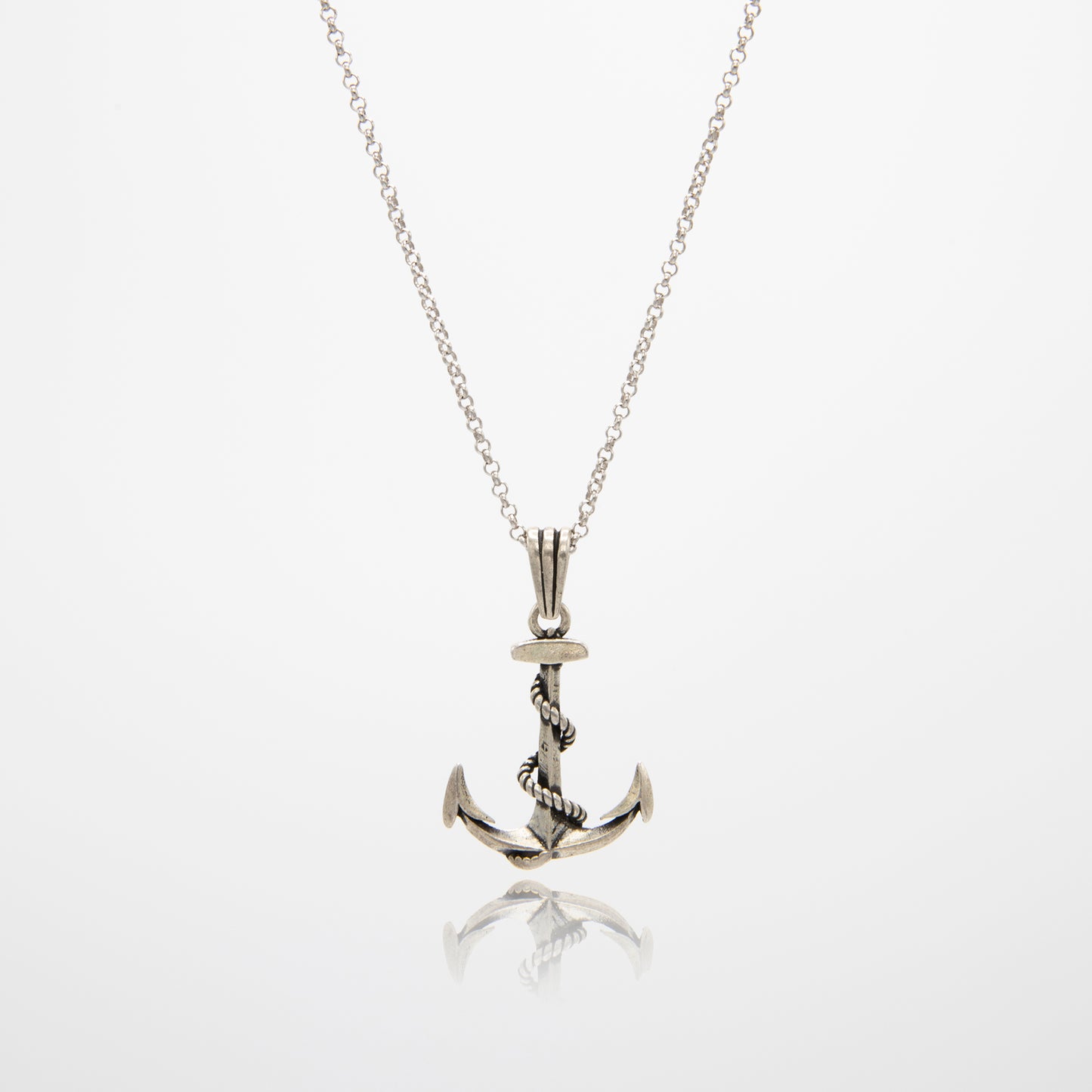 Anchor Pendant: 925 Sterling Silver with Rhodium-Plated Circle Rolo Link Chain