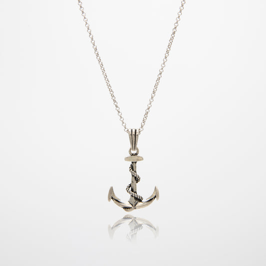 Anchor Pendant: 925 Sterling Silver with Rhodium-Plated Circle Rolo Link Chain