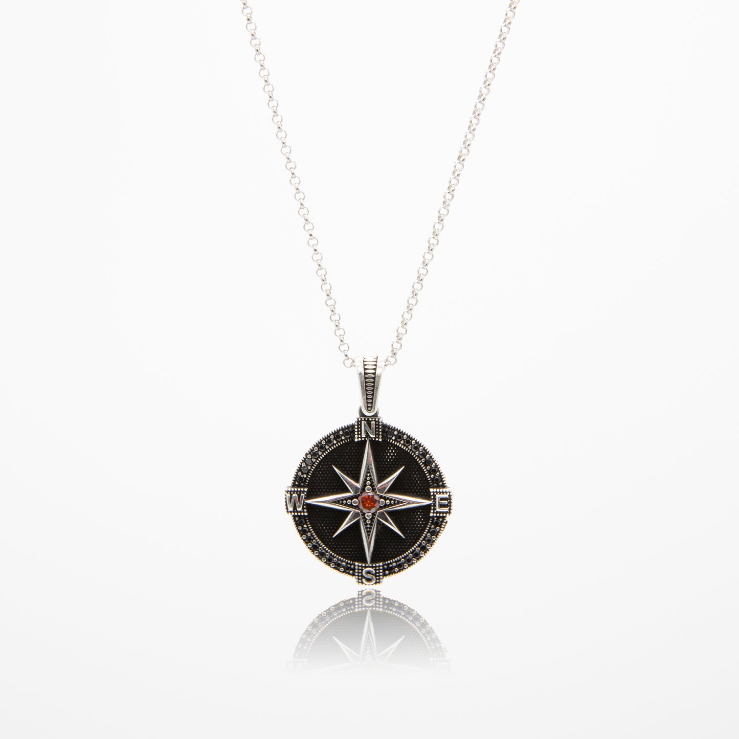 Red Crowned Compass Pendant 925 Sterling Silver with Rhodium Plated High Quality Real Silver Circle Rolo Link Chain