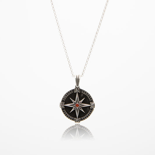 Red Crowned Compass Pendant 925 Sterling Silver with Rhodium Plated High Quality Real Silver Circle Rolo Link Chain