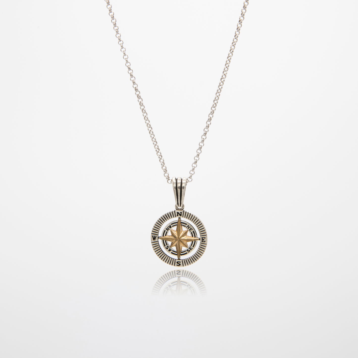 Gold Compass Pendant 925 Sterling Silver with Rhodium Plated High Quality Real Silver Circle Rolo Link Chain