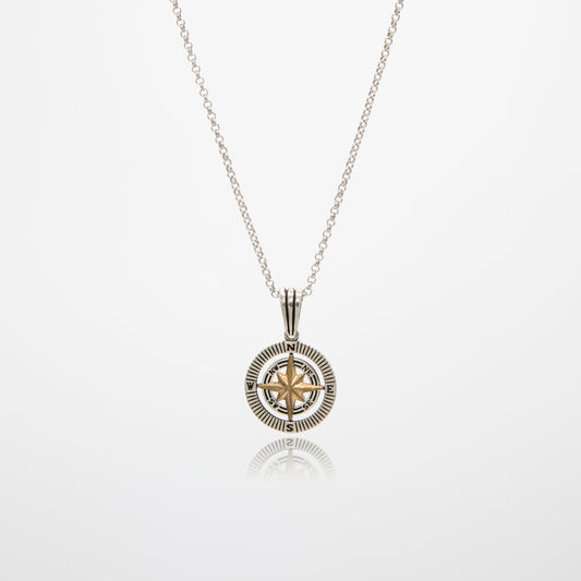 Gold Compass Pendant 925 Sterling Silver with Rhodium Plated High Quality Real Silver Circle Rolo Link Chain