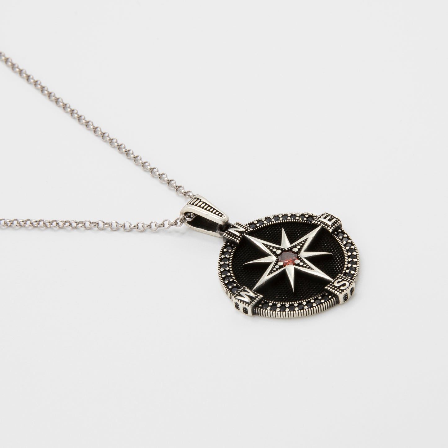 Red Crowned Compass Pendant 925 Sterling Silver with Rhodium Plated High Quality Real Silver Circle Rolo Link Chain