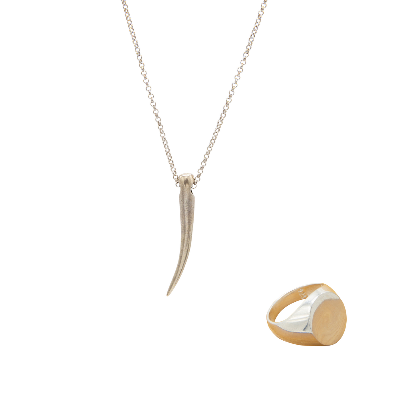 Tooth Elegant Pendant Chain & Silver Signet Ring Set