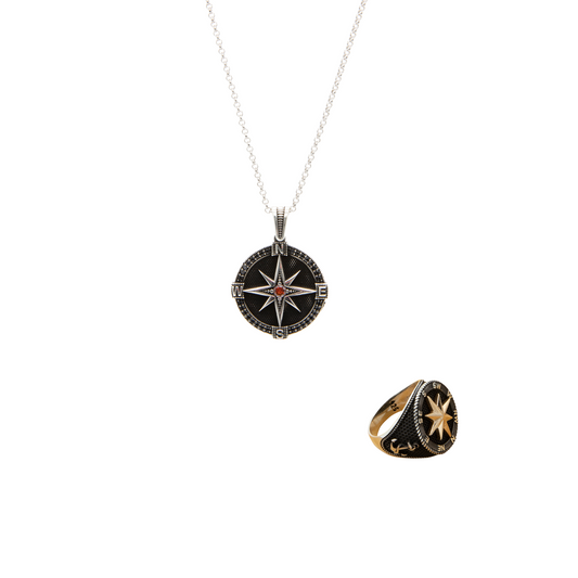 Compass Pendant Necklace & Compass Ring 925 Sterling Silver Set