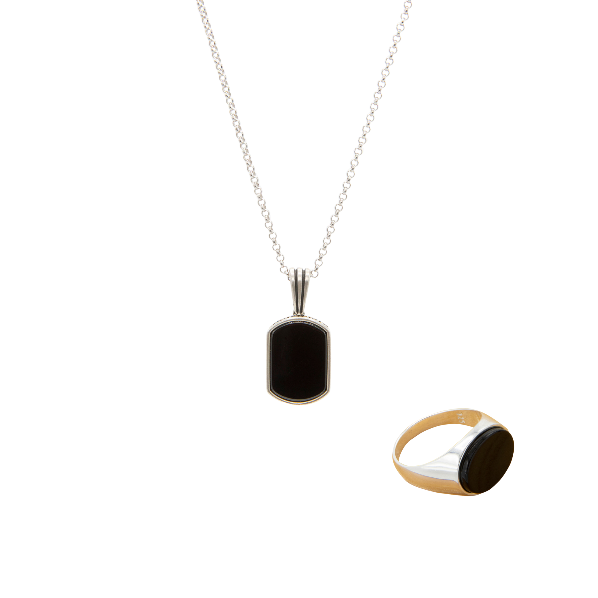 Onyx Beverly Pendant & Circle Signet Ring 925 Sterling Silver Set – SleekJ